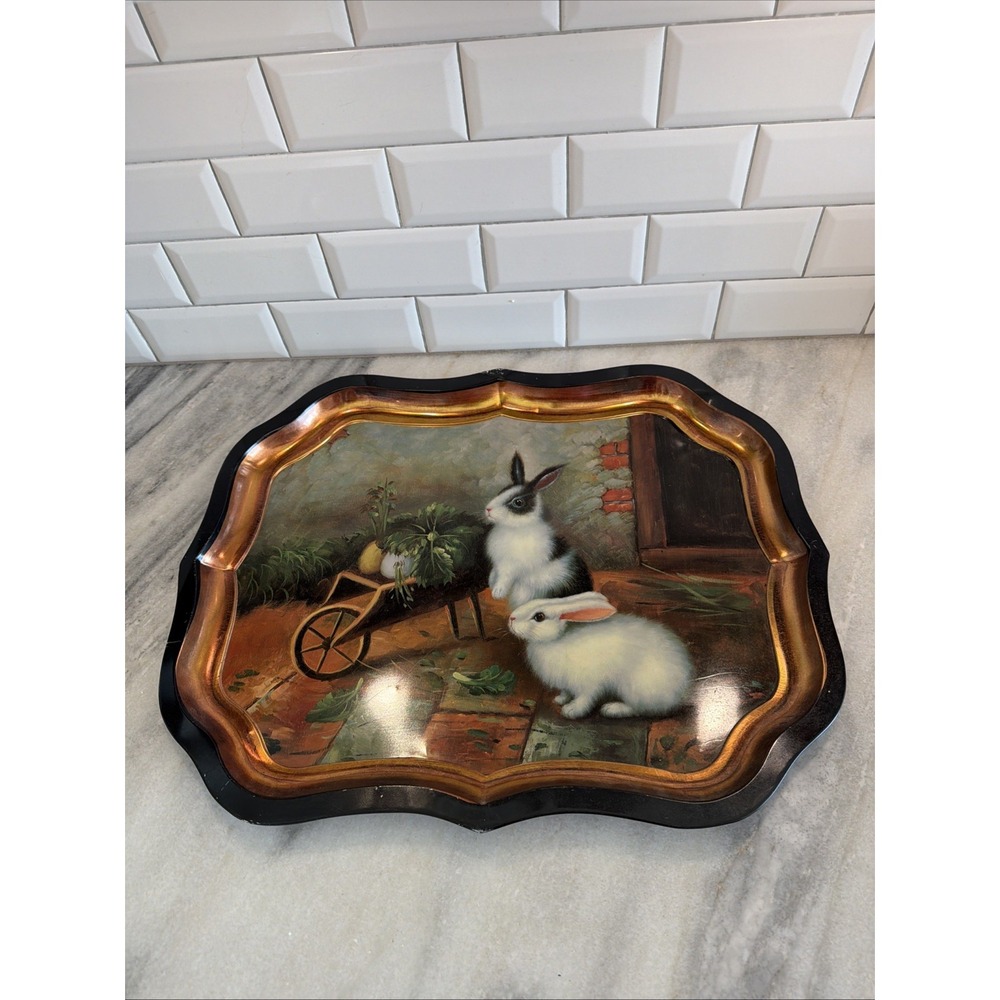 Vintage Tole Tray With Rabbits Garden Science Black With Gold Trim Large 22x18in